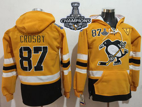 Penguins #87 Sidney Crosby Gold Sawyer Hooded Sweatshirt Stadium Series Stanley Cup Finals Champions Stitched NHL Jersey - Click Image to Close